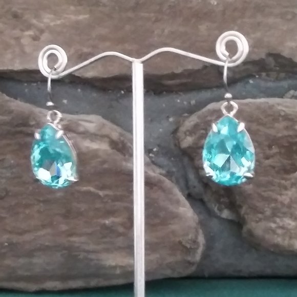 Aquamarine Color Crystal Fishhook Earrings - Picture 3 of 4